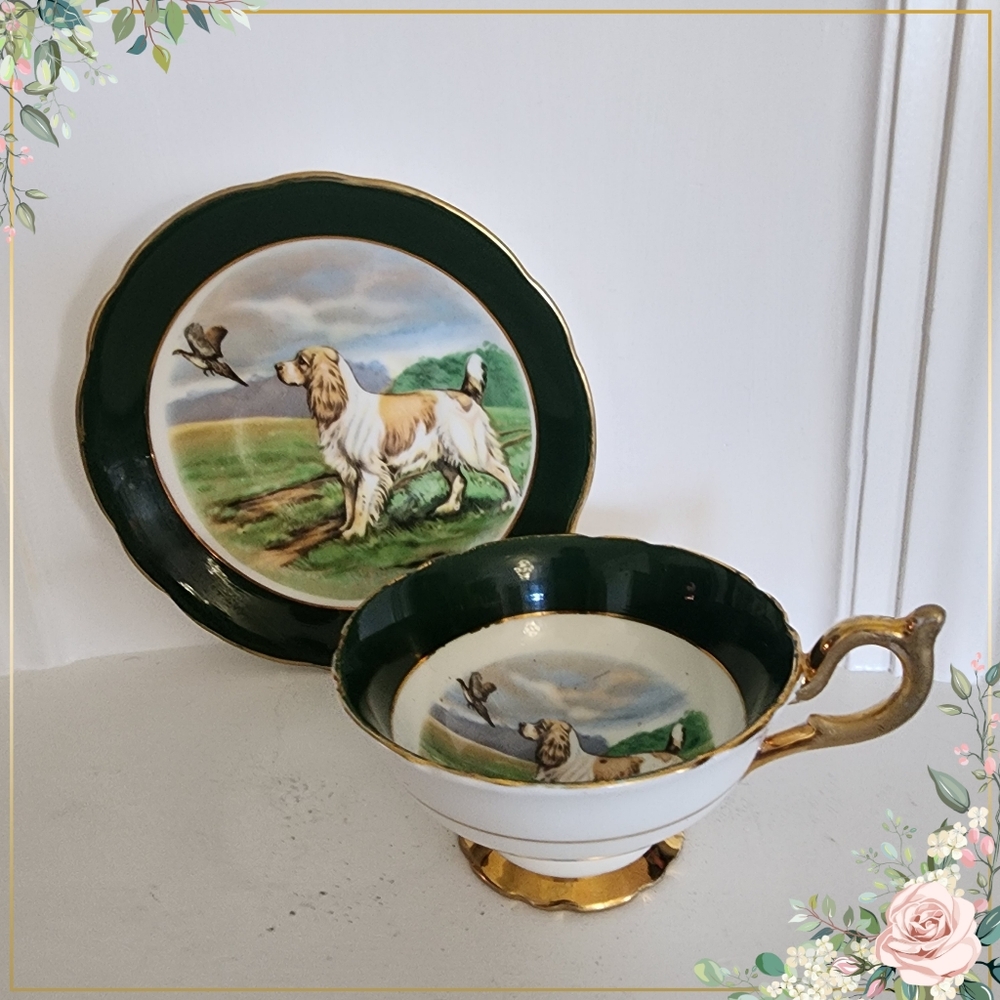 Regency English Setter Dog Pheasant Tea Green Cup Saucer Bone China England